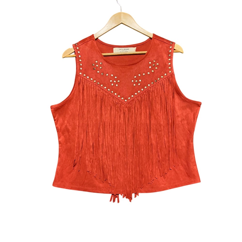 Idyllwind Miranda Lambert Rust Orange Faux Suede Fringe Studded Tank Top XL